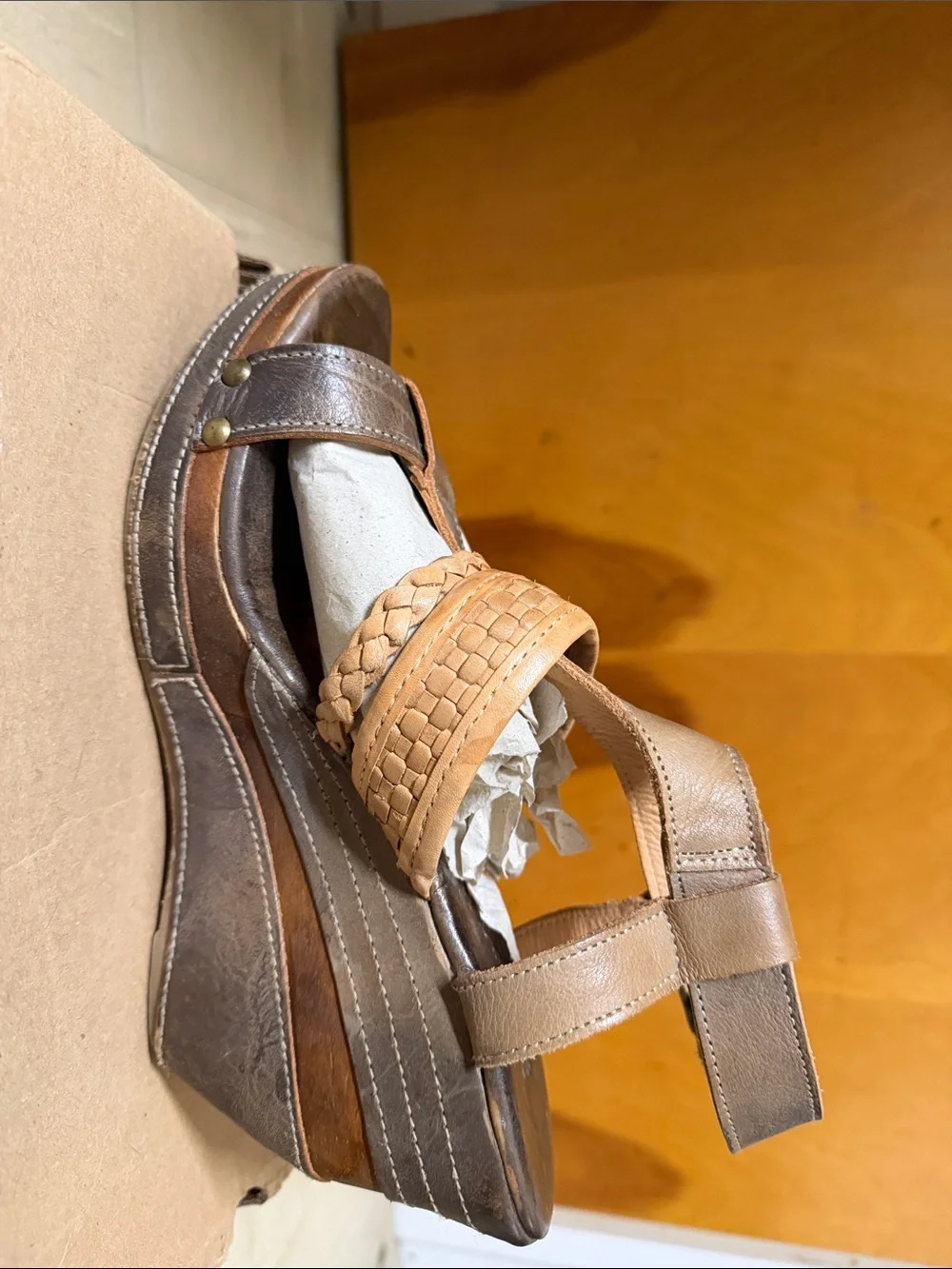 BED|STU Brown and Tan Leather Braided Wedge Sandals